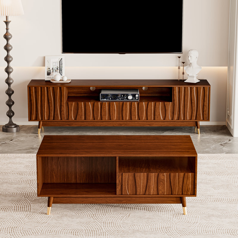 Ensemble de salon et de divertissement brun deux pièces pour meuble télé de 55,78 / 65/70/75 pouces, meuble télé moderne 78,7 "avec pieds en bois massif et panneau en relief, console média avec rangement et tiroir