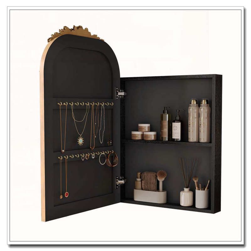 Miroir d'armoire à pharmacie vintage avec dessus sculpté arqué 24" x 36", 35.82"W Antique Gold,Black