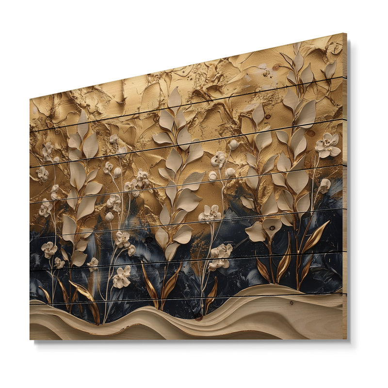 Or doré, herbes d'harmonie - Art floral sur bois en bois de pin naturel, H 10 po x l 20 po
