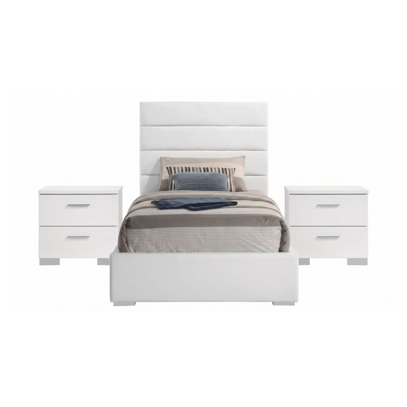 Ensemble de chambre à coucher Genevieve White Twin 3 pièces avec lit rembourré et deux tables de chevet