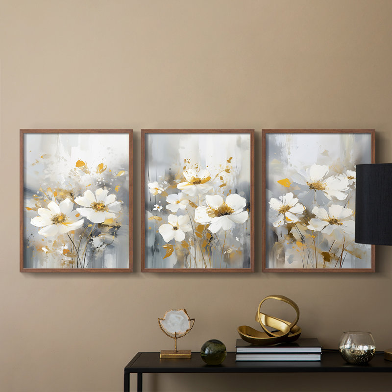 Étude florale CXLII -Set de 3 estampes numériques giclées -Prêt à, Cadre noyer, H 14 po x l 11 po