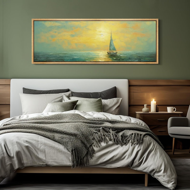 «Coastal Beach Golden Sail Sunset Ocean Voyage Vintage Inspired», reproduction d'art sur toile, H 20 po x l 60 po, Naturel