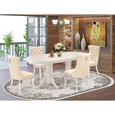 Ensemble de salle à manger 5 pièces comprenant une table de salle à manger ovale avec rallonge amovible et 4 chaises rembourrées, lin blanc