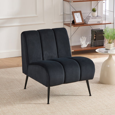 24.4" Wide Modern Upholstered Armless Chair With Black Metal Legs, Velvet Accent Chair For Living Room,Bedroom,Office And Reading Room, Black