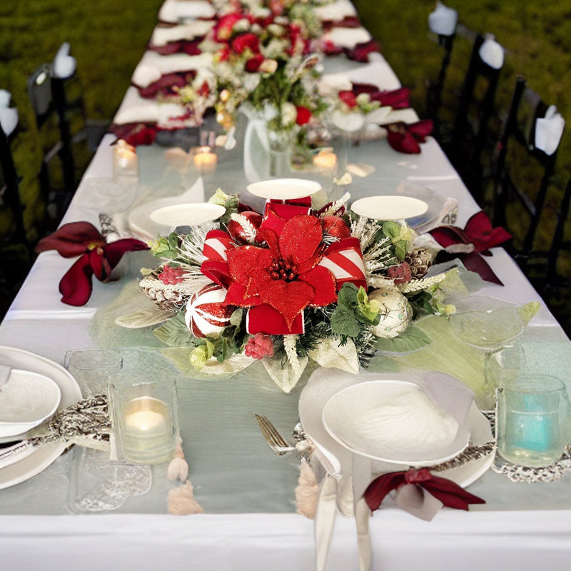 Frosted Red Poinsettia Tabletop Candelabra