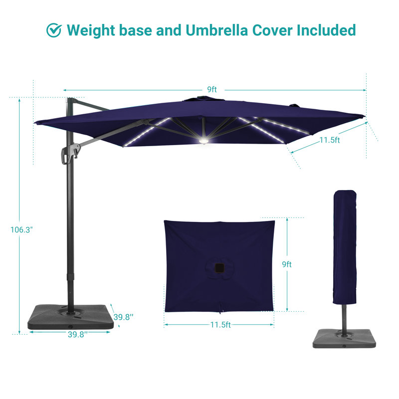 Parasol rectangulaire en porte-à-faux avec base 138 po x 108 po Rozalinda, Bleu foncé