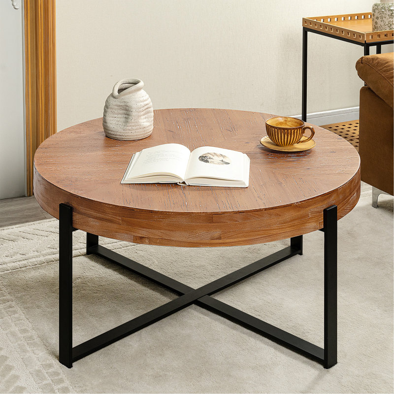 Table basse ronde moderne et rétro, 17.72" H x 33.86" W x 33.86" D, Brown / Black