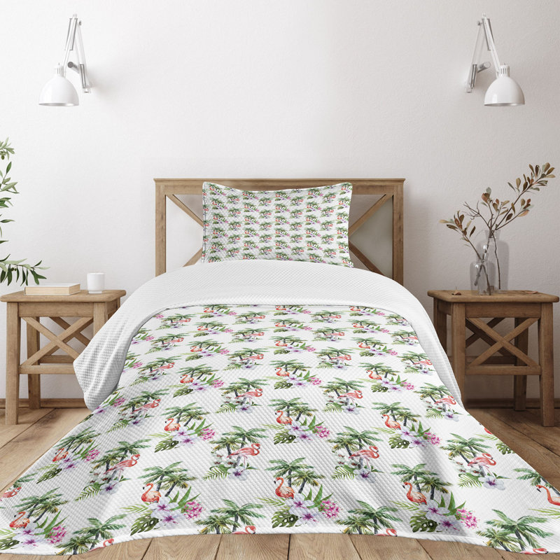 Twin White Quilted Bedspread Set with Tropical Print