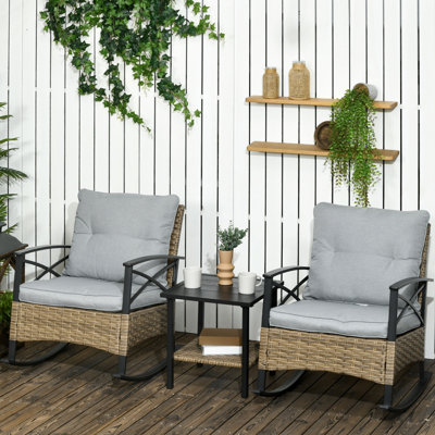 Gray Patio Rocking Chair . 3 Piece With Comfortable Seating & 2 Tier Coffee Table For Garden, Porch, Backyard. Relaxed Vibes Outdoor Garden , Porch Rockers Cushions In Backyard, Wood-