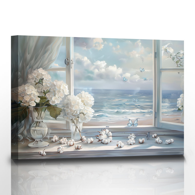 «Rustic Flower Window Seascape Seaside Scenery», art mural sur toile, H 32 po x l 48 po