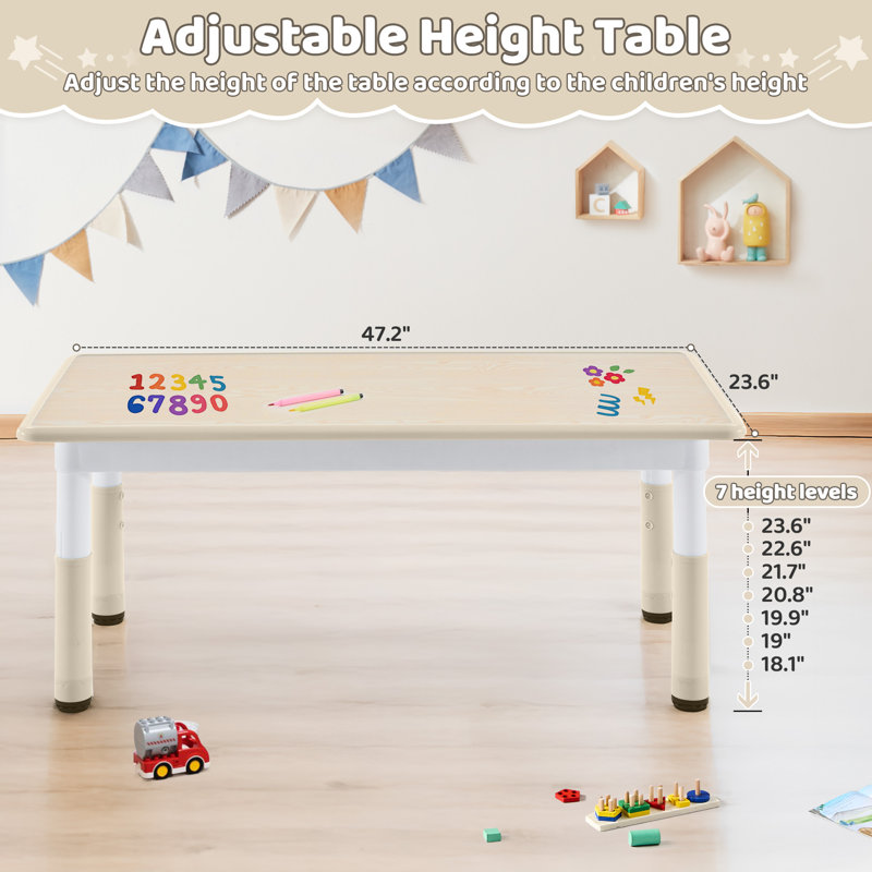 Adjustable Kids Table, Arts and Crafts Child Table with Graffiti Desktop, 7 Level Height Adjustable Children Table for Ages 3-8, Easy to Wipe Toddler Desk for Classrooms/Daycares/Homes,Natural
