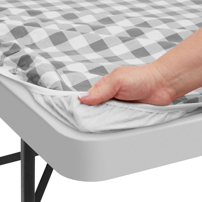 Gray and White Checkered 72'' x 30'' Fitted Vinyl Tablecloth with Flannel Backing