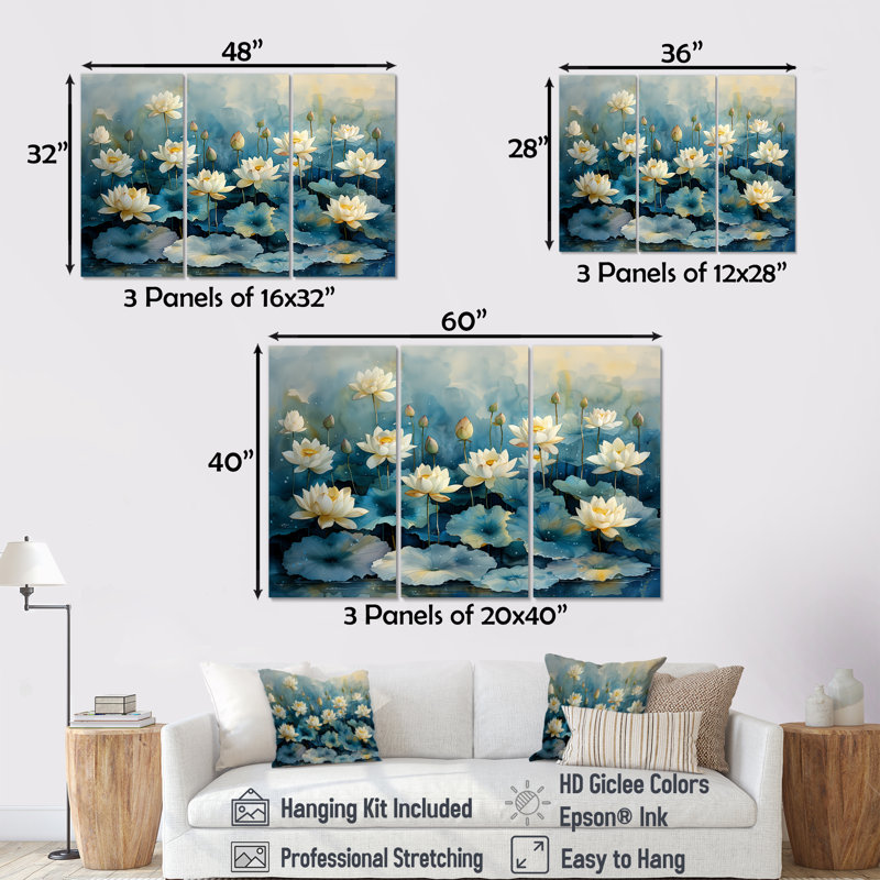 White Blue Lotus Pond Reflections - Lotus Wall Art Set, 28"H x 36" W x 1" D