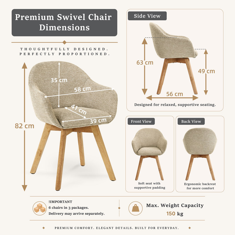 Upholstered Dining Chair, 49cm Seating Height , Greige, 6, Greige