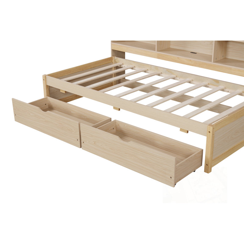 Structure de lit simple avec bibliothèque latérale, deux tiroirs et port USB intégré, Naturel