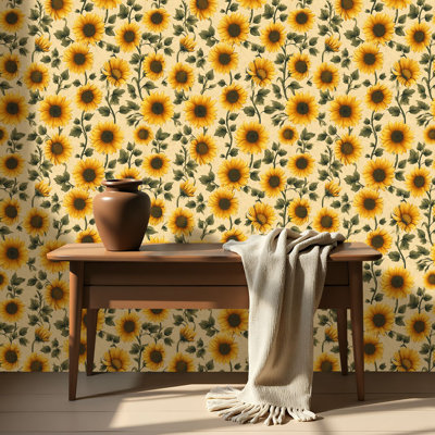 Renter Friendly Peel and Stick Wall Mural Bright Yellow Sunflower Green Leaves Light Vinyl  Waterproof Removable for Room  Bathroom  Cabinet & Shelves door