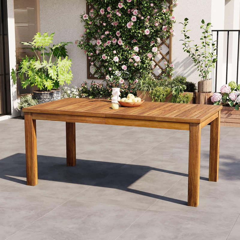 Table de salle à manger de patio, bois d'acacia, plateau à lattes, moderne contemporain, utilisation extérieure