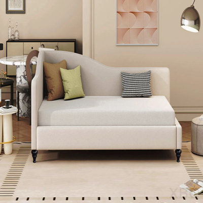 Twin Size L-Shaped Linen Daybed, With Solid Wood Legs, Gray