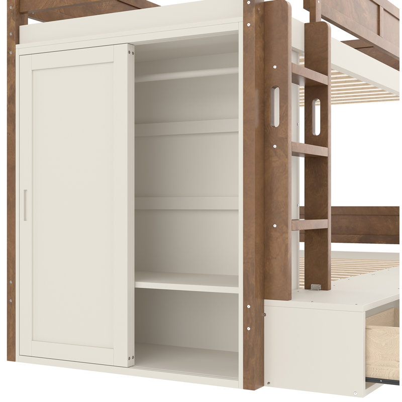 Lit superposé simple au-dessus de simple avec 4 tiroirs de rangement, lit superposé en bois massif avec garde-robe intégrée et garde-corps pleine longueur, aucun sommier nécessaire, beige et naturel