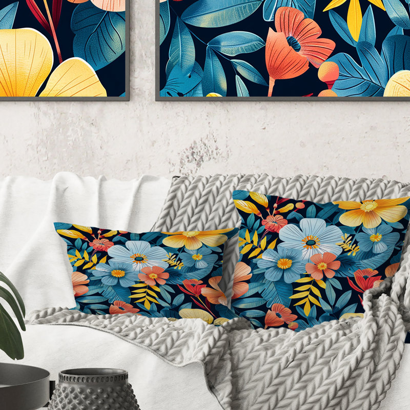 Coussin lombaire Mid-Century jaune et bleu Tropical Blooms II
