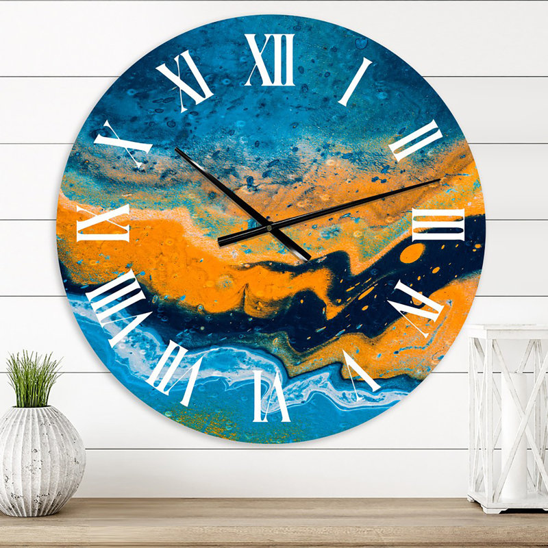 Composition abstraite en marbre bleu et orange IV - horloge murale moderne, Petit