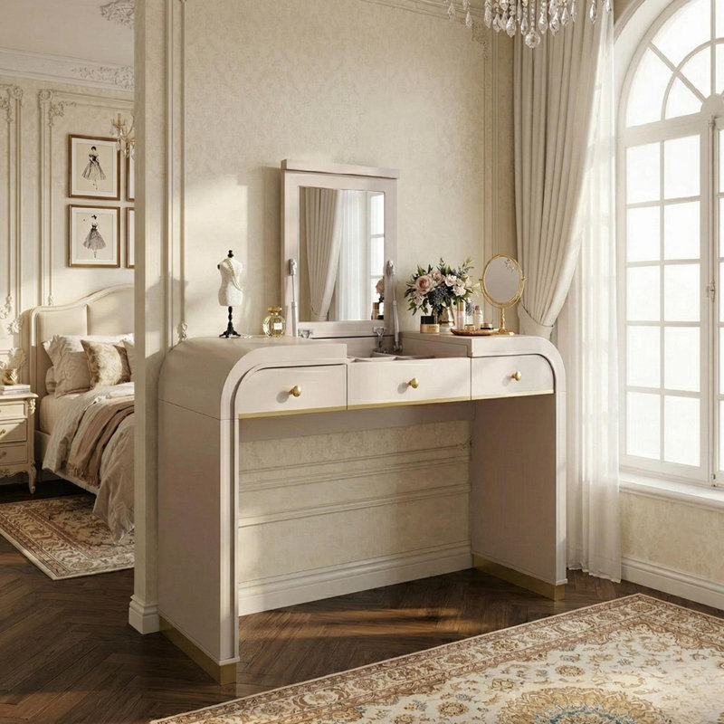 Bureau de coiffeuse en bois avec miroir rabattable, coiffeuse avec 2 tiroirs de rangement pour la chambre à coucher