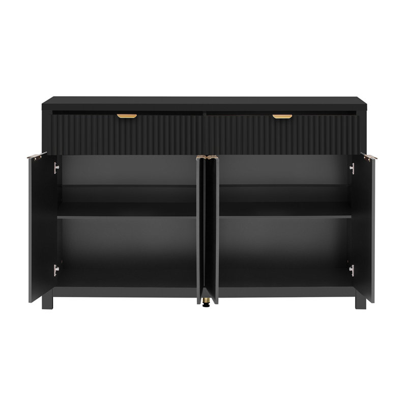 Buffet moderne 55,1 po avec 2 tiroirs et 4 portes, tablettes réglables, motif à vagues, poignées en aluminium, panneau de fibres à densité moyenne peint, rangement scandinave pour la salle à manger et le salon