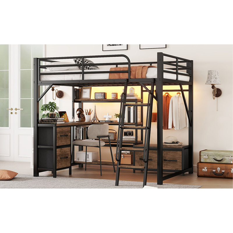 Lit mezzanine double en métal avec bureau et rangement, lumières DEL équipées, garde-robe sécuritaire pour station de charge, tablettes de rangement, pour chambre à coucher