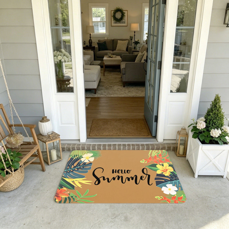 Tapis d'entrée de jardin à motif de feuilles de palmier tropicales Hello Summer 20 x 32 po