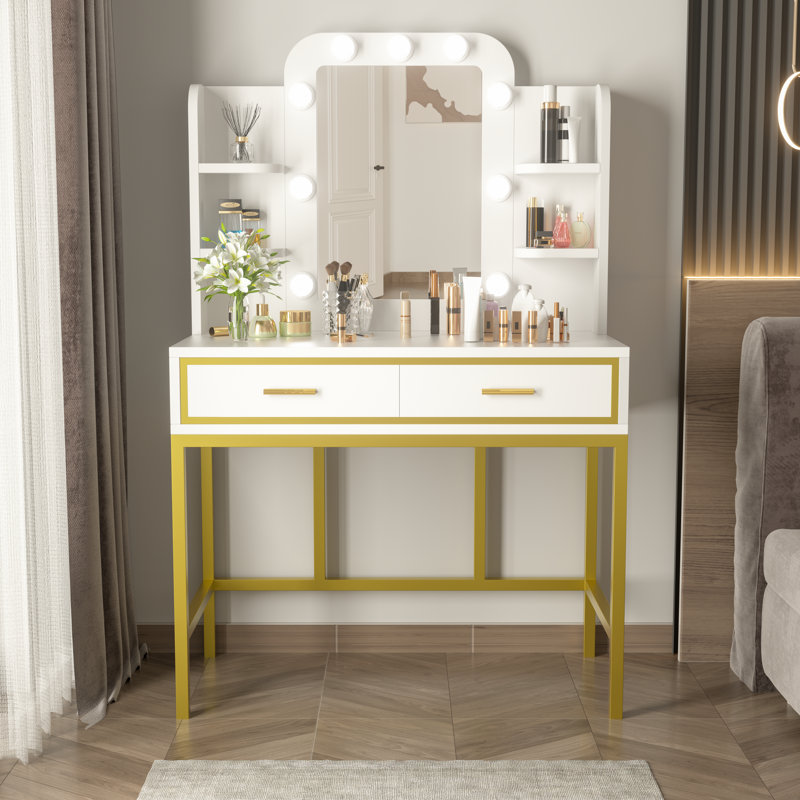 Coiffeuse avec miroir lumineux Thriston, Blanc / doré