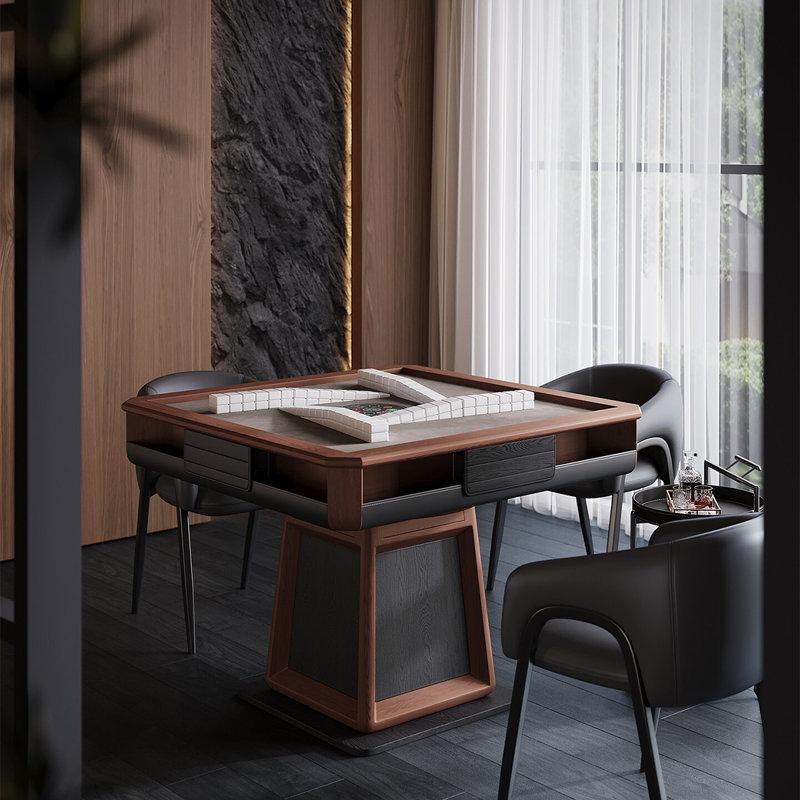 Mid-Century Dark Brown Solid Wood Fully Automatic Silent Roller Coaster Style Mahjong Game Table for Chinese Rules