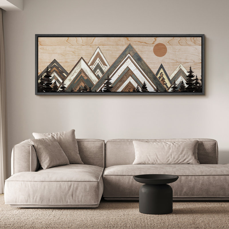 «Western Wood Effect Landscape Abstract Geometric Mountain Range», reproduction sur toile encadrée, H 20 po x l 60 po, Noir