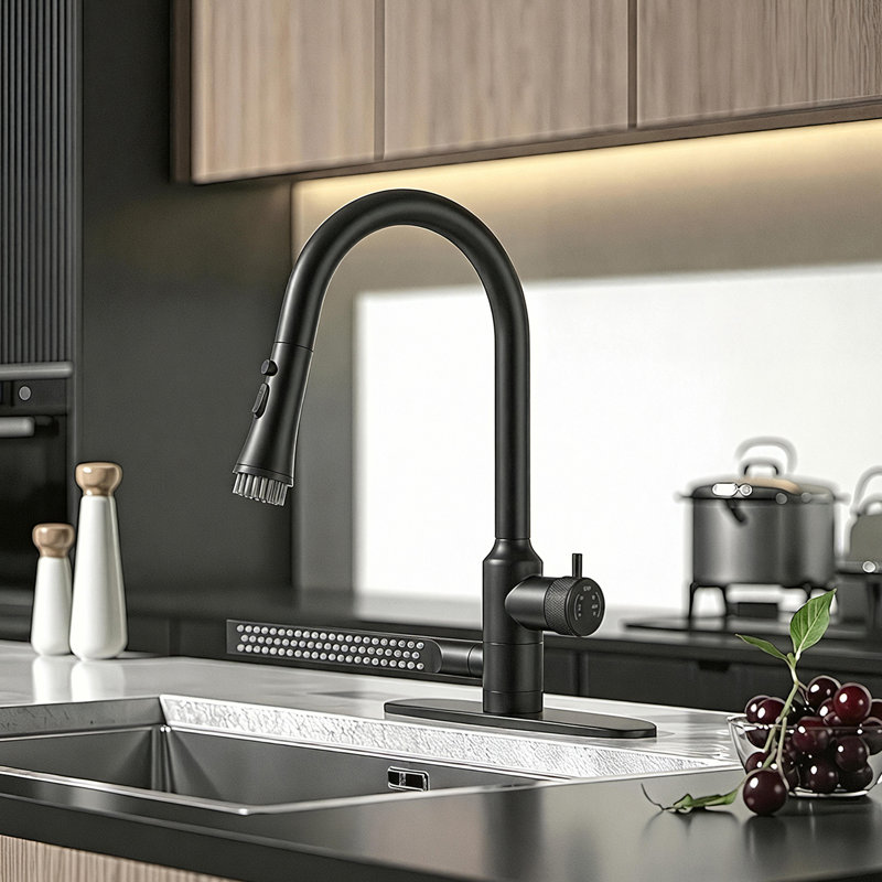 Robinet de cuisine rétractable avec pulvérisateur latéral et brosse de nettoyage intégrée, robinet d'évier à grande arche à 3 modes de jet