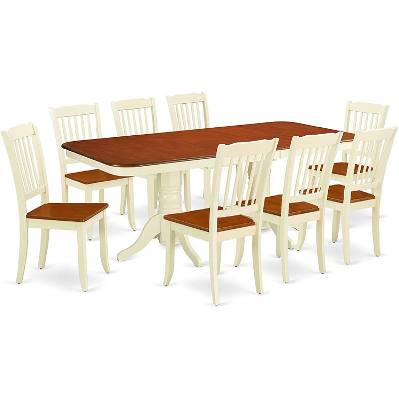9 Piece Kitchen Table & Chairs Set Includes a Rectangle Dining Room Table with Butterfly Leaf and 8 Dining Chairs, Buttermilk & Cherry