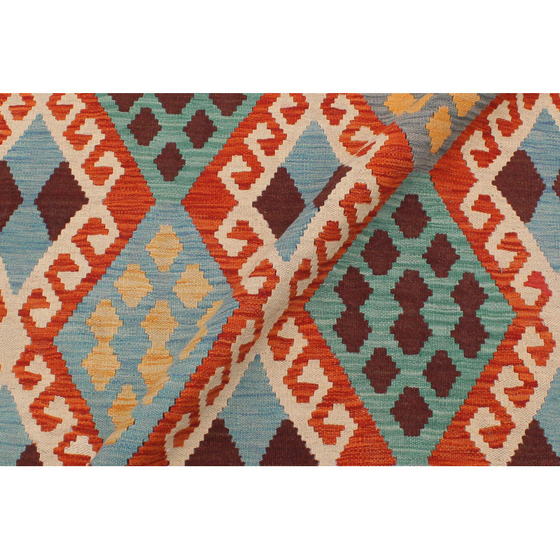 Tapis bleu / rouille en laine tissé à la main à motif tribal / géométrique / sud-ouest de couleur cépage Cedorah