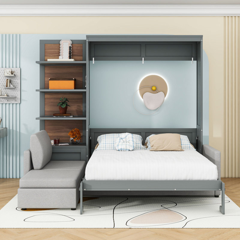 Grand lit escamotable avec canapé et tablettes, gris