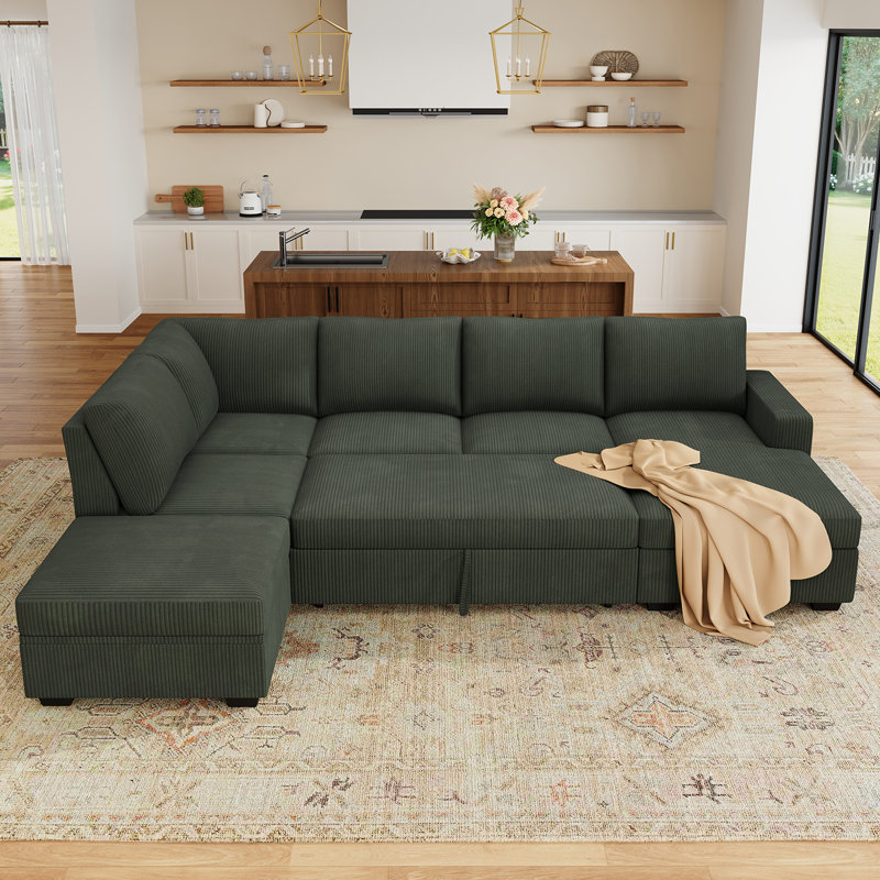 Brunella 111.4'' W Corduroy Modular Sleeper Sectional with Storage , Green Corduroy
