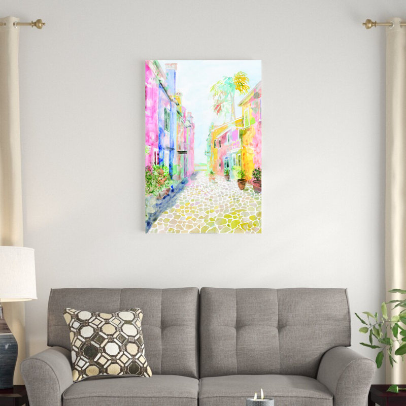 Watercolor Charleston Rainbow Row Homes - Peinture sur toile, H 36 po x l 24 po, Toile encadrée, Doré