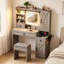 Coiffeuse de maquillage blanc Farmhouse, coiffeuse à miroir en verre coulissant avec station de charge et tabouret-133654427