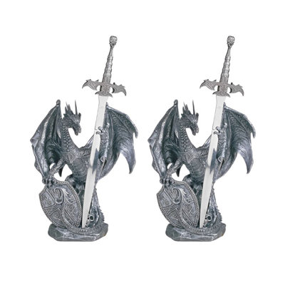 "2-PC Set" ICE ARMOR 10"H Medieval Silver Dragon with Shield and Sword Guardian Figurine Figurine Statue Ornament Home/Room Decor and Perfect Gift Ideas for House Warming, Holidays and Birthdays Great Collectible Addition