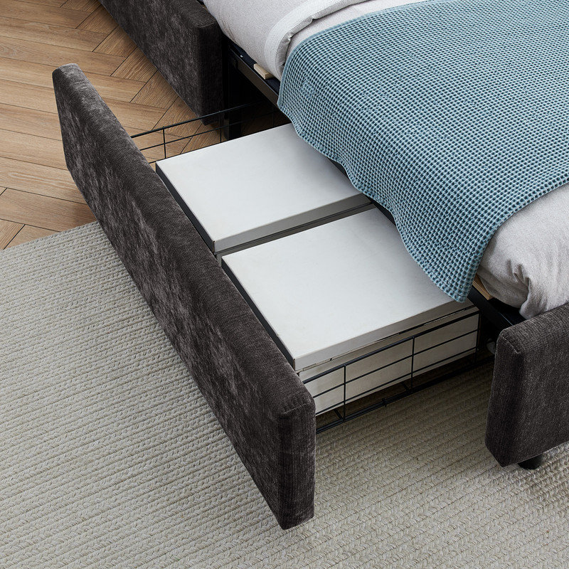 Grand lit plateforme en velours avec tiroirs de rangement coulissants - Structure rembourrée moderne, Gris