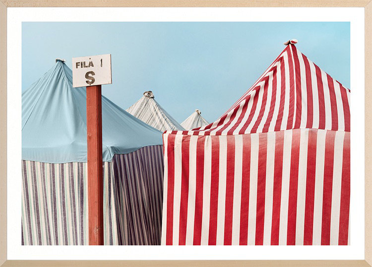 Nazare Beach Tents Print by Mimi Payne, Maple Framed Paper