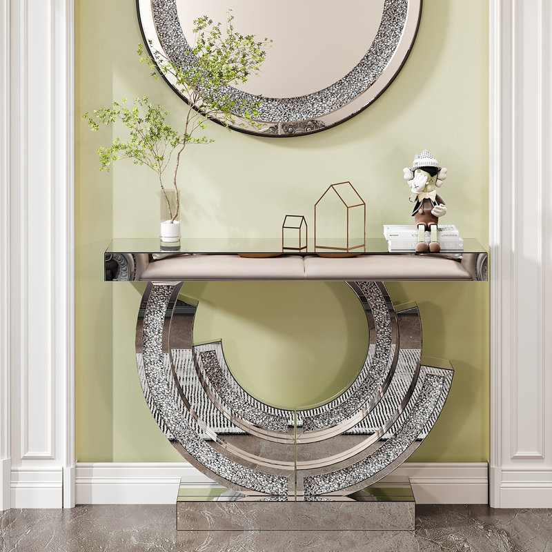 Table d'entrée en forme de 3C, effet diamant concassé, design moderne pour chambre, miroirs argentés haut de gamme, plateau brillant incrusté, base polie à la main effet 3D