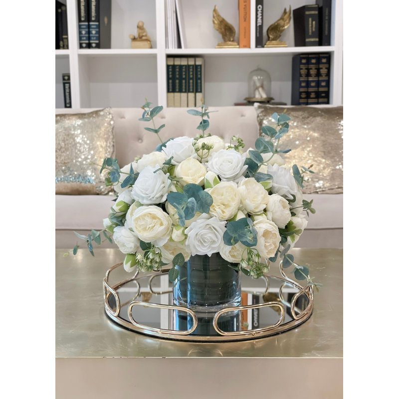 17 Inch Large White Real Touch Rose and Silk Peony Centerpiece with Eucalyptus in Clear Glass Vase, French Country Faux Floral Arrangement for Dining Table and Wedding Decor