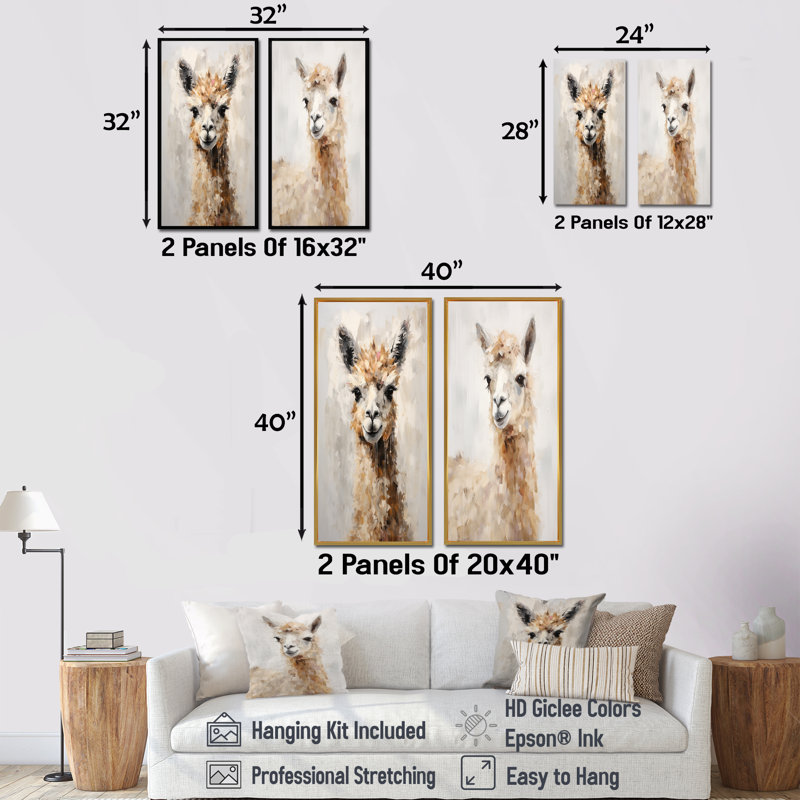 Minimalisme Alpaca Grunge - ensemble de 2 reproductions d'art mural Alpacas, H 28 po x l 25 po, Toile tendue