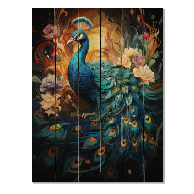 Jabiel Teal Yellow Emerald Peacock Drips I On Wood Print, 32" H x 24" W x 0.78" D