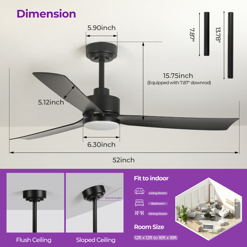 Karlena 52'' 3 - Blade Modern Large Dimmable Ceiling Fan With Led Lights and Remote Control, Black with Midnight Blade
