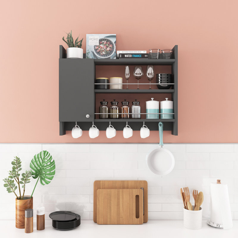 Modern Kitchen Shelf with Numerous Shelves, Anthracite, 33.5 x 5.9 x 25.6 Inches | 100% Melamine Coated Particle Board, Thickness: 0.7 Inches | Wall-Mountable Design, Sleek and Functional Storage Solution for Any Kitchen