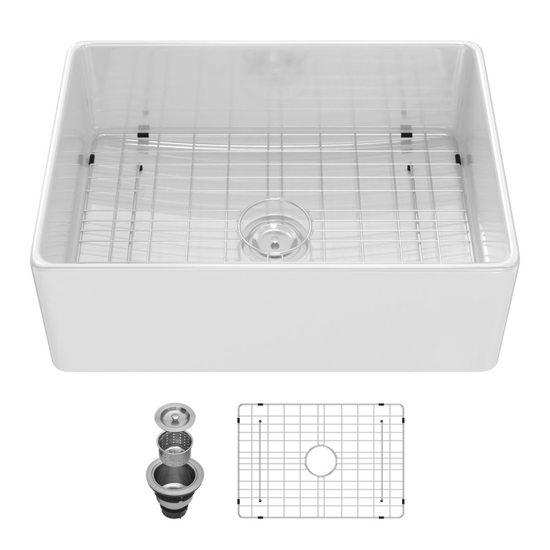 28" L x 20"  W Undermount Ceramic Single Bowl Farmhouse Apron Front Kitchen Sink with Sink Grid