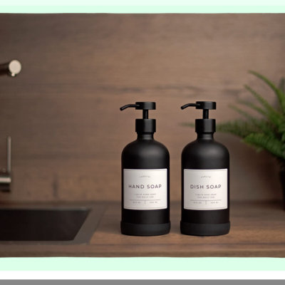 Matte Black 16oz Soap Dispenser Set with Stainless Steel Pump, Waterproof Labels & Non-Slip Silicone Pad - Perfect for Bathroom & Kitchen (Set of 2)